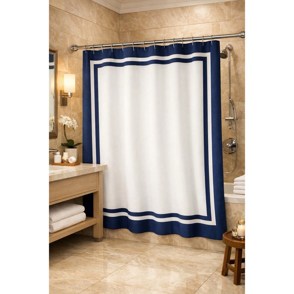 Madison Park Shower Curtain 72 x 72 100% Cotton White Navy Border Luxury Hotel